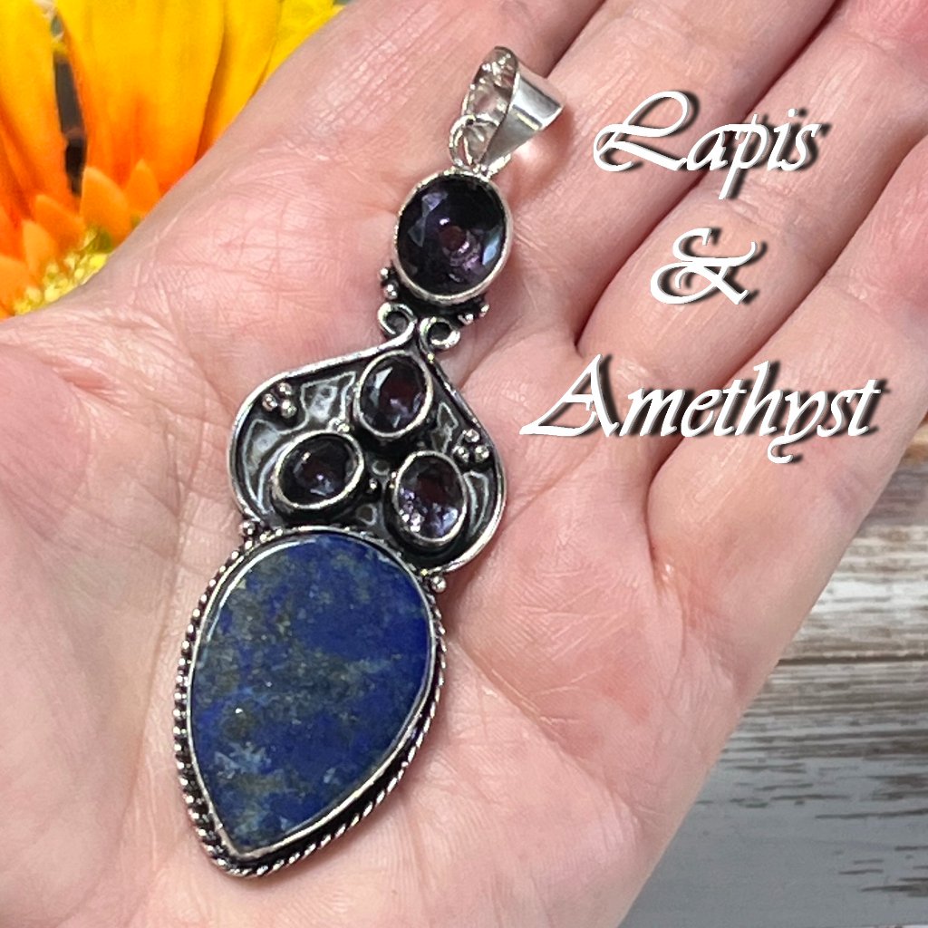 Lapis Pendant Amethyst Handmade Long Gemstone Crystal 925 Silver Bohemian Ethnic
